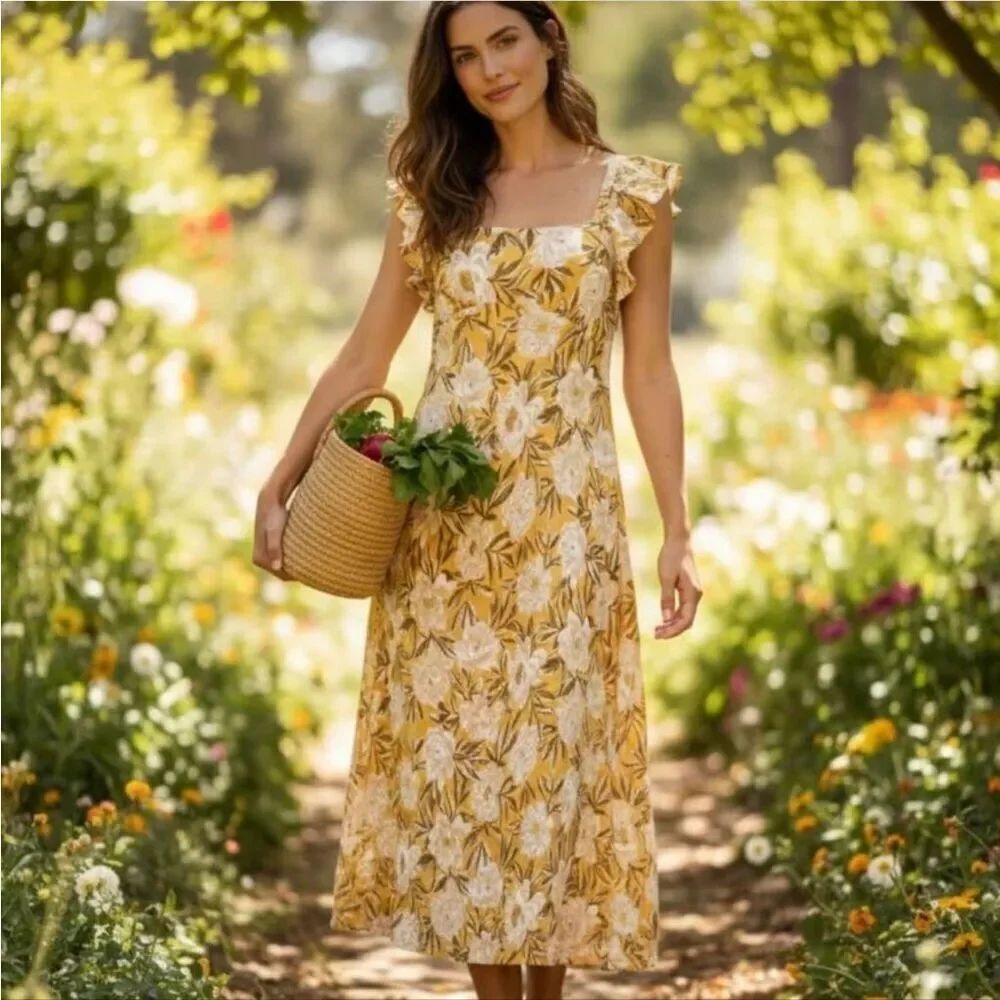 Madewell Angelina Dress Flutter Sleeve floral Midi Maxi Chamomille Tea size 2 ne